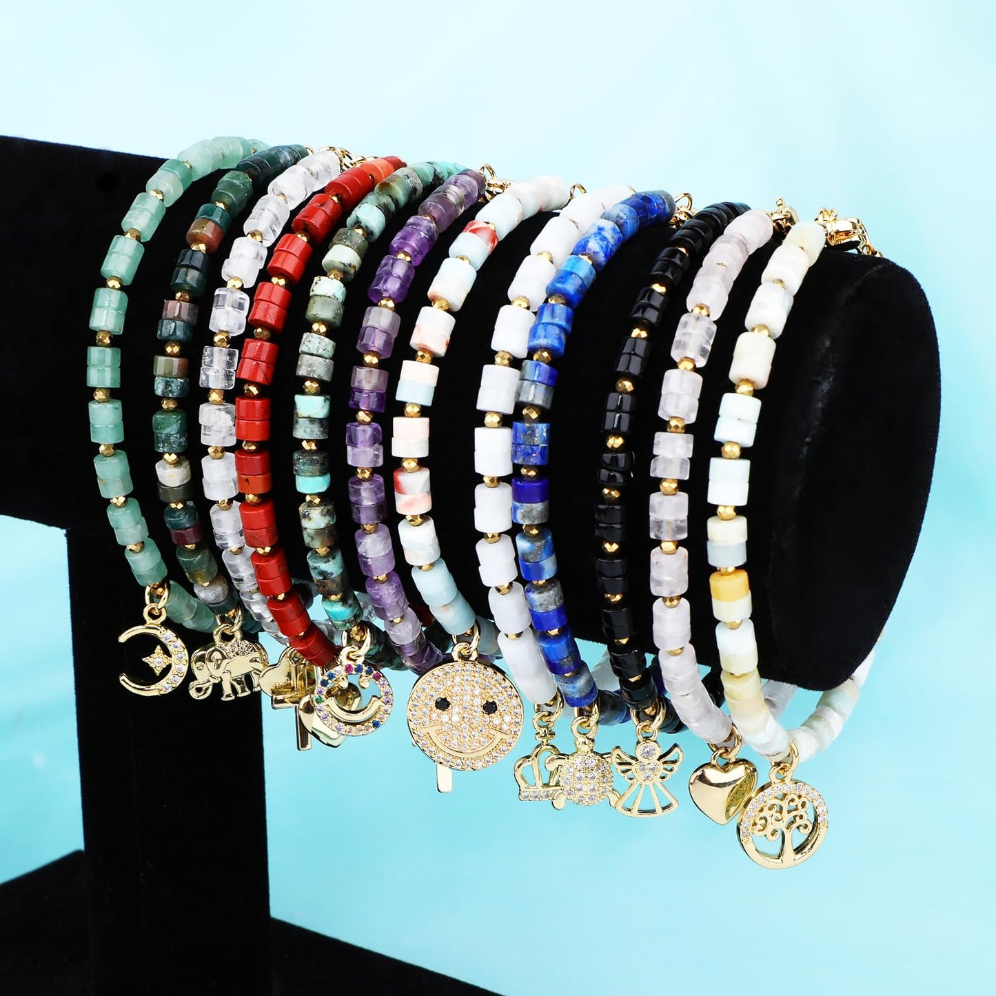 Natural Gemstone Healing Crystal Black Onyx Dainty Charms Angel Bracelet Adjustable Chain Extender Minimalist Jewelry
