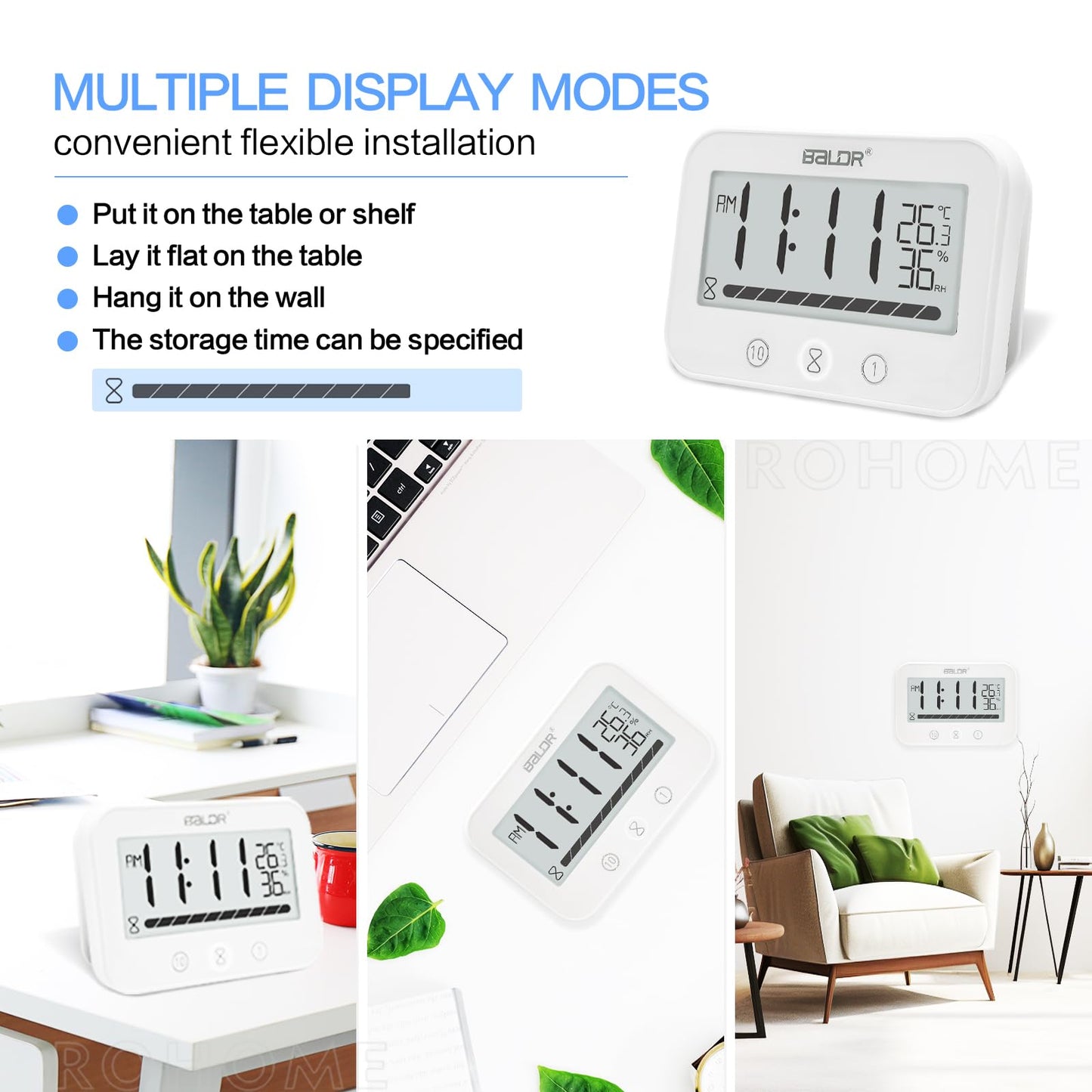 Rohome Waterproof Wall Hanging Timer Bathroom Clock, Large Digital Shower Mirror Suction Clock Thermometer Hygrometer, Visual Kitchen Cooking Countdown Timer, Bath Temperature Humidity Meter (White)