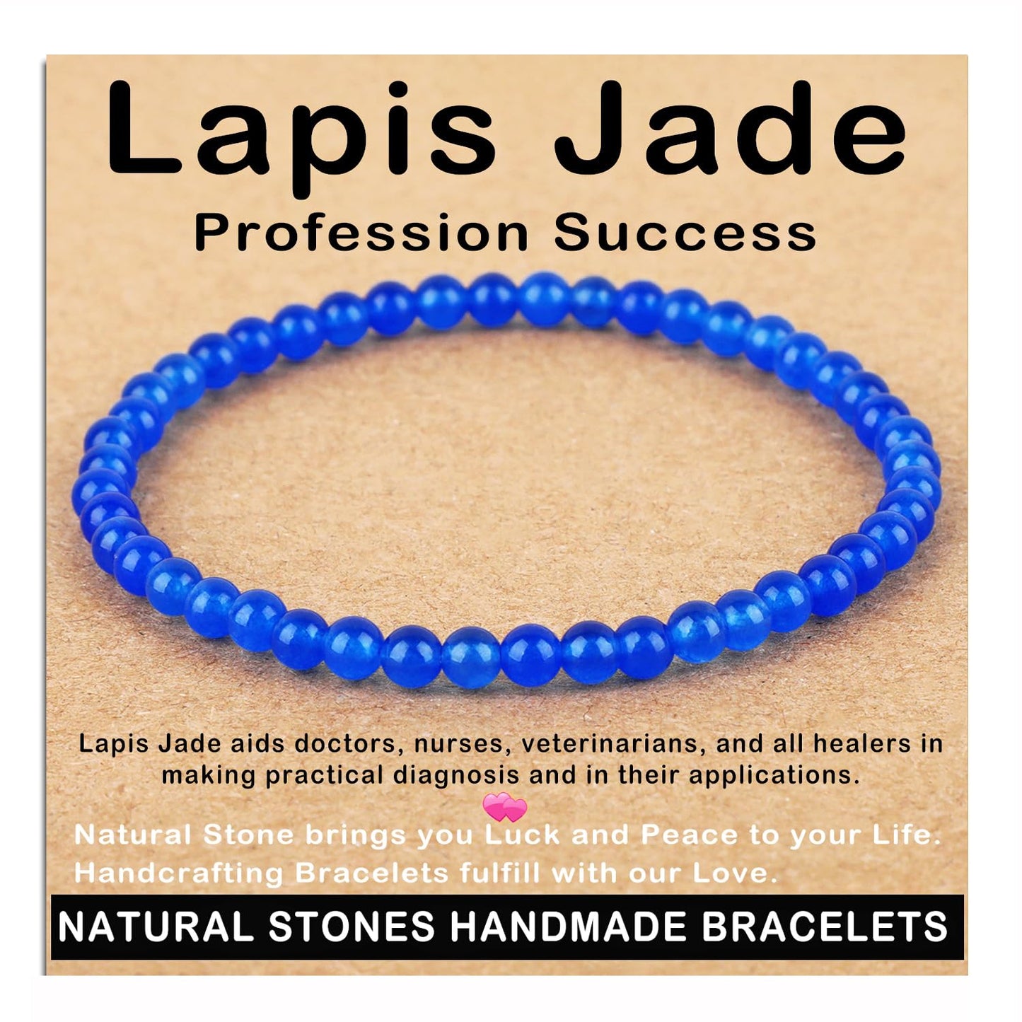 AD Beads Handmade Gemstone Stretch Elastic Bracelet Crystal Healing Reiki Nature's Beauty and Spiritual Essence Unisex (4mm, Blue Lapis Jade (Profession Success))