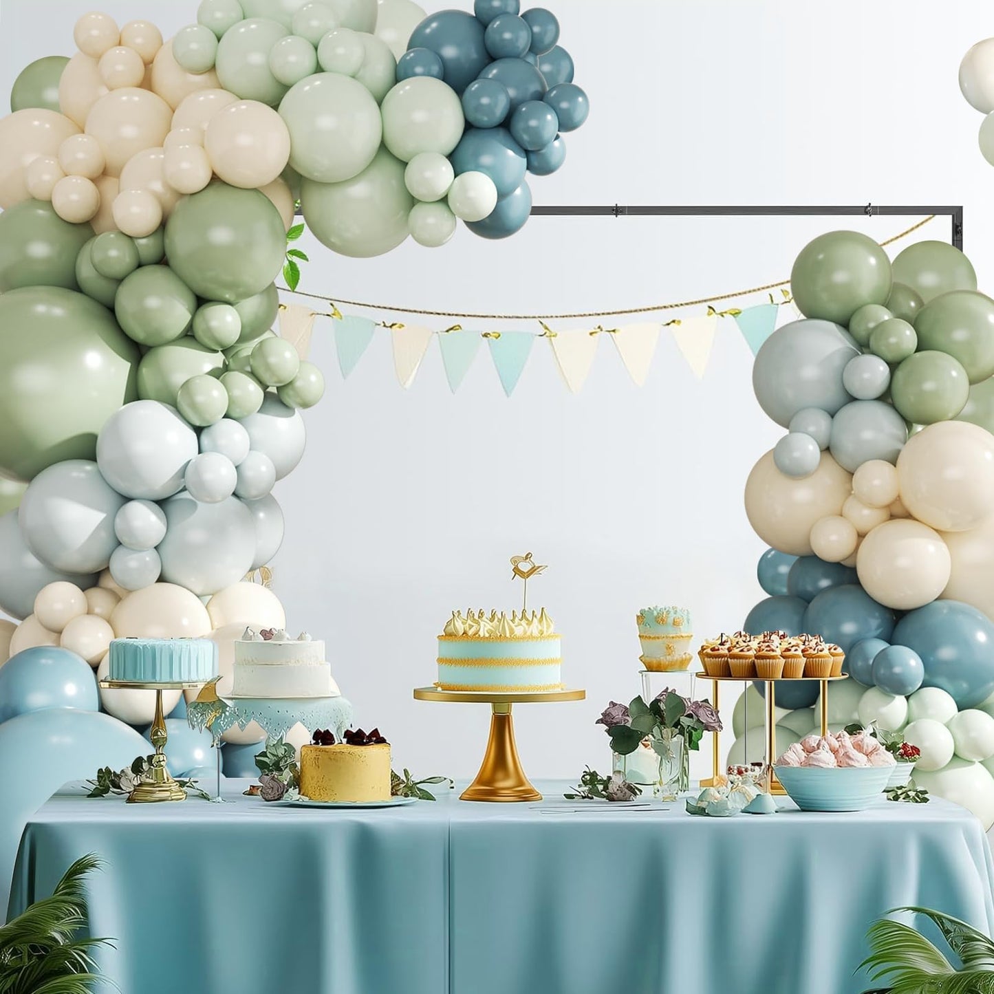 Dusty Blue Sage Green Balloon Arch Kit, 124Pcs Fog Blue Light blue Green Sand White Balloons Different Size for Baby Shower Bridal Shower Anniversary Birthday Party Decorations