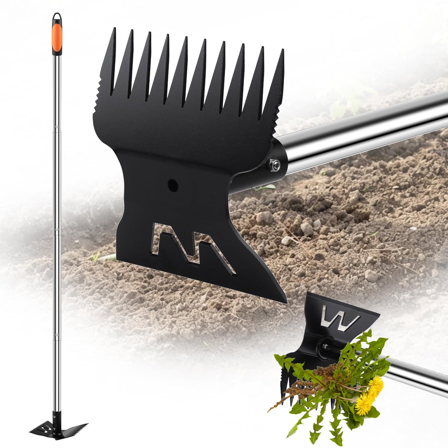Larger Weed Puller Tool with Long Handle, Heavy Duty 10 Teeth Weed Rake & Hoe Garden Tool for Weeding, 57" Garden Hoe Weed Remover Tool with Detachable Handle, Manual Weeder for Garden Yard Lawn Patio