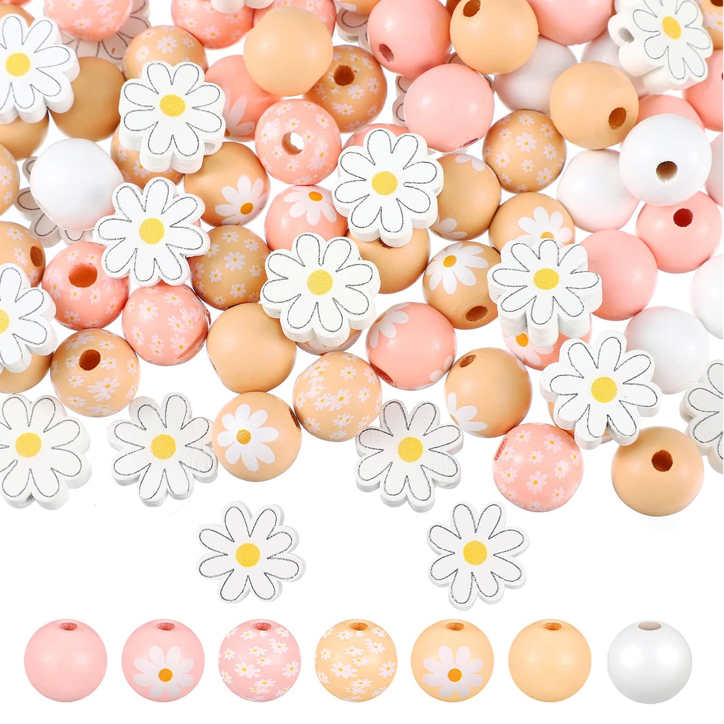Buryeah 200 Pcs Daisy Flower Wooden Beads Set 16mm Daisy Round Beads 20mm Rustic Farmhouse Colorful Floral Printed Charms for Spring Summer DIY Crafts Jewelry Garland Keychain Making