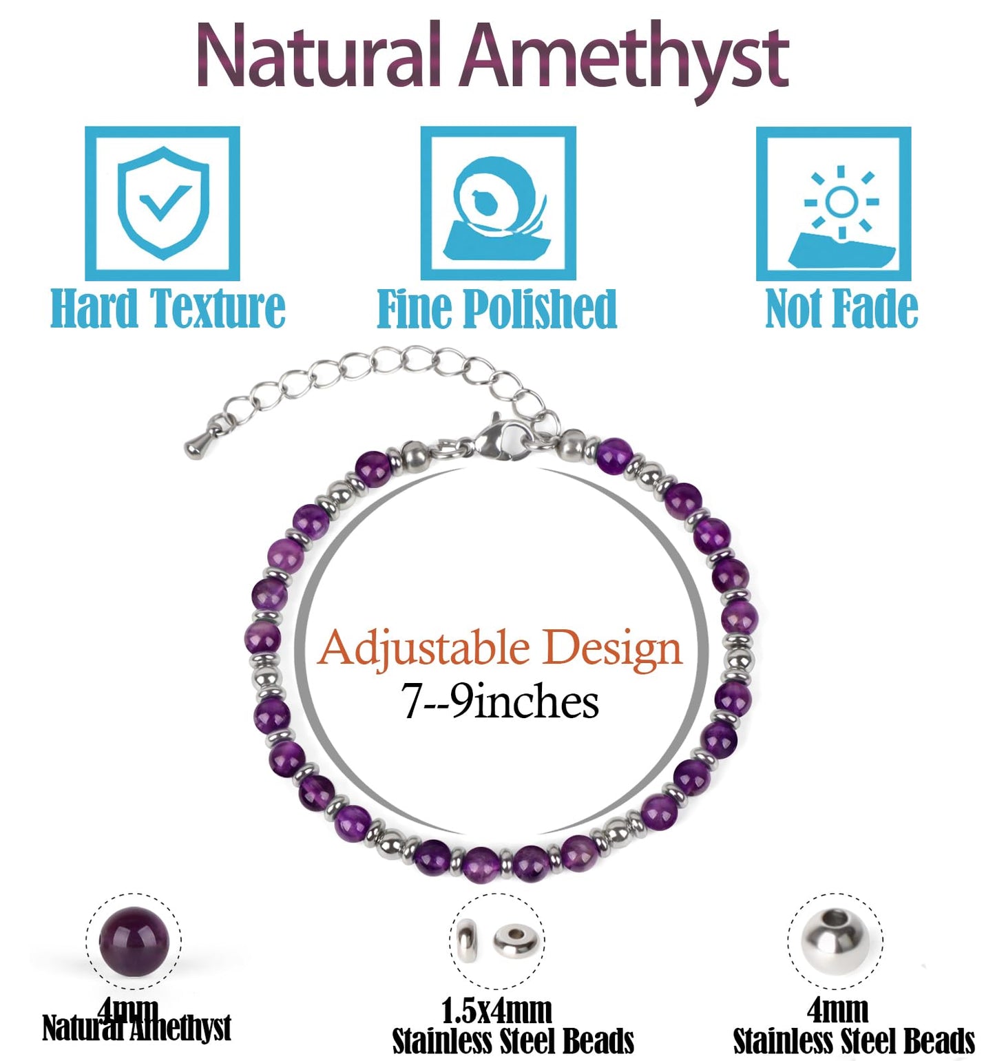 4mm Purple Amethyst Tiny Beaded Bracelets For Women, Energy Gem Charm Jewelry Adjustable Bracelet Gifts for Mom, Daughter, Wife, Coworkers, Friends, Bestie