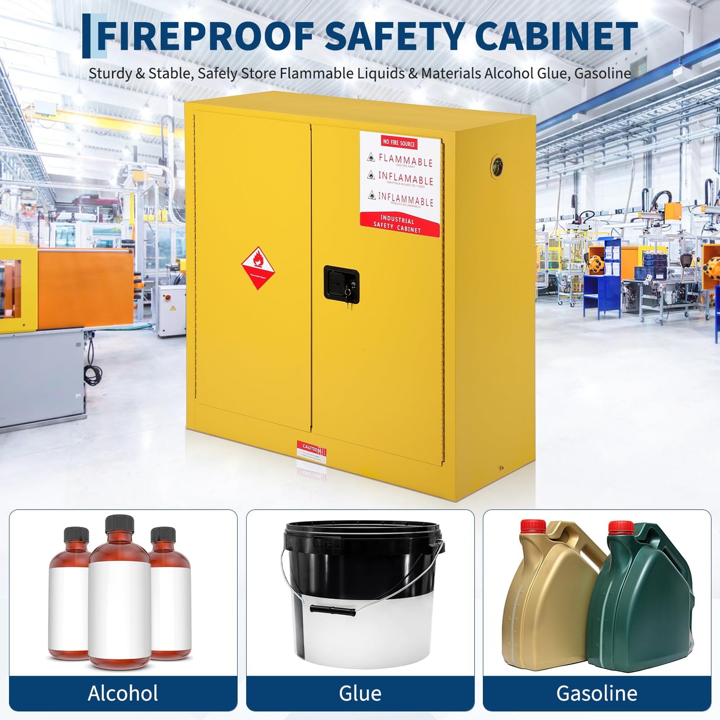 Hazardous Storage Cabinets, Flammable Cabinet, Cold-Rolled Steel Flammable Liquid Storage Cabinet Auto Closing Door for Industrial Use, Flammable Safety Cabinet, Cold-Rolled Steel Fire Resistant