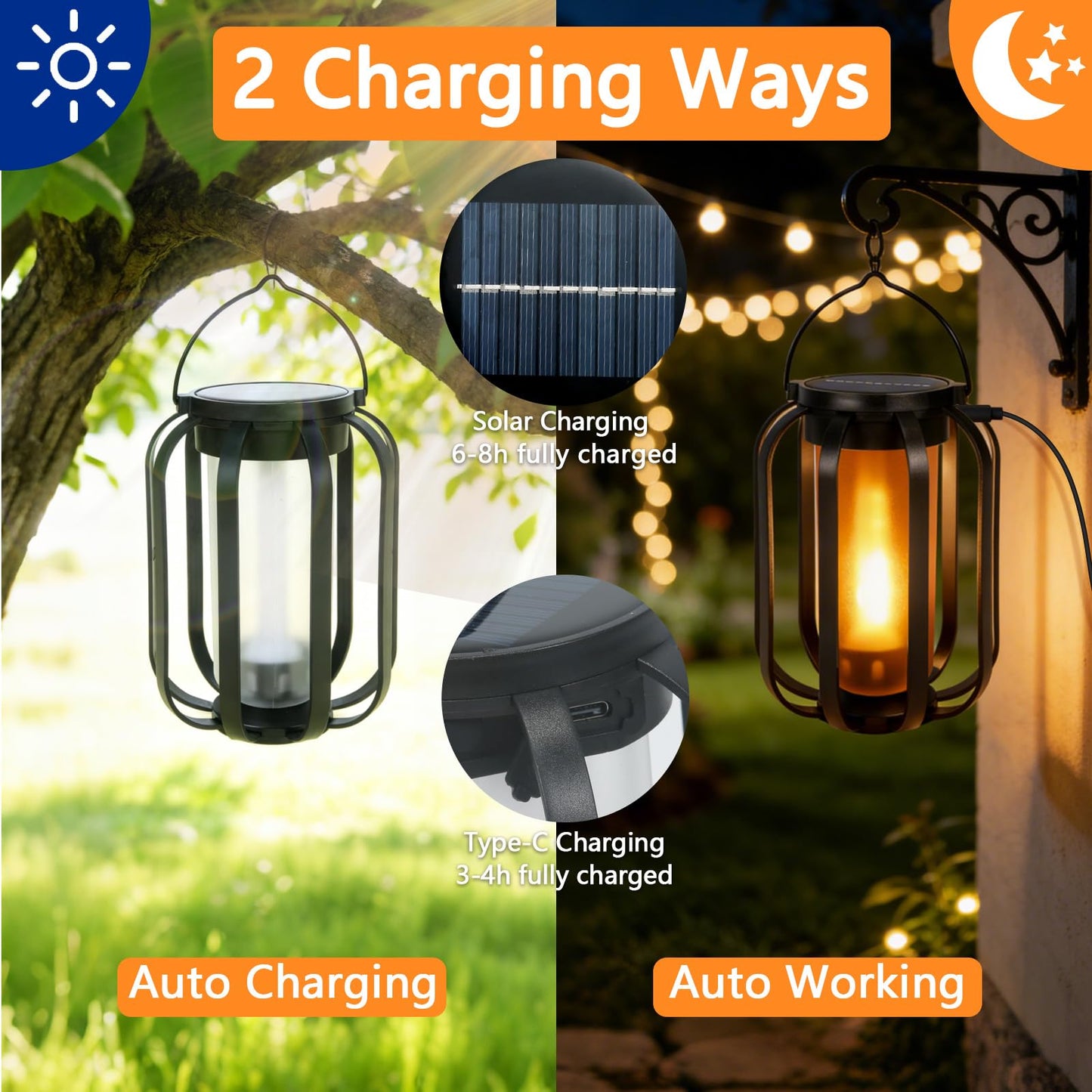 Solar Lanterns Outdoor Lights, 2 Pack Hanging Lantern with Flickering Flame, Hanging Lantern Decorative for Outside,Solar Powered Lanterns for Yard Patio Path Tree Garden Decor