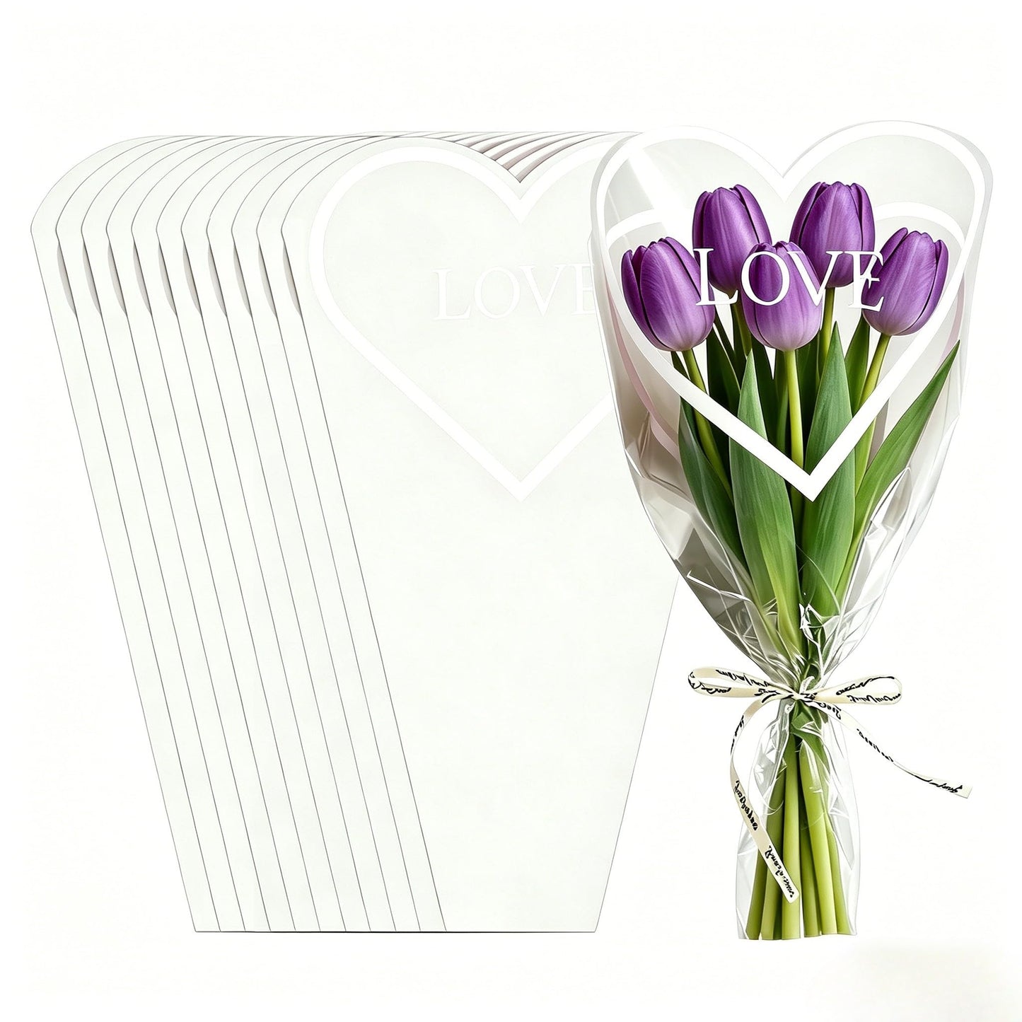 CHAQiWi Flower Bags for Bouquets Wrapping, Bulk Cellophane Sleeves for Flower Bar Supplies Wedding Birthday Mother's Day Valentine's Day (White Heart, 50PCS)