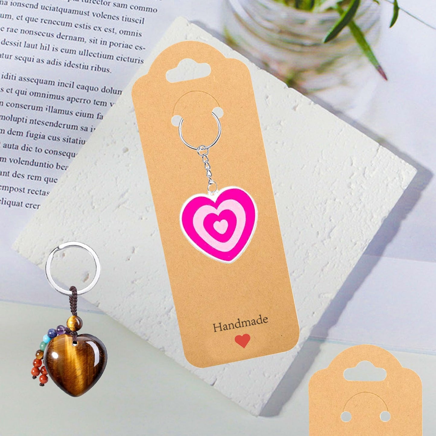 100PCS Keychain Display Cards with Clear Bags, 2.16'' x 6'' Handmade with Love Kraft Paper Jewelry Cards for Small Business Selling, Bulk Keychains Packaging Supplies (Brown)