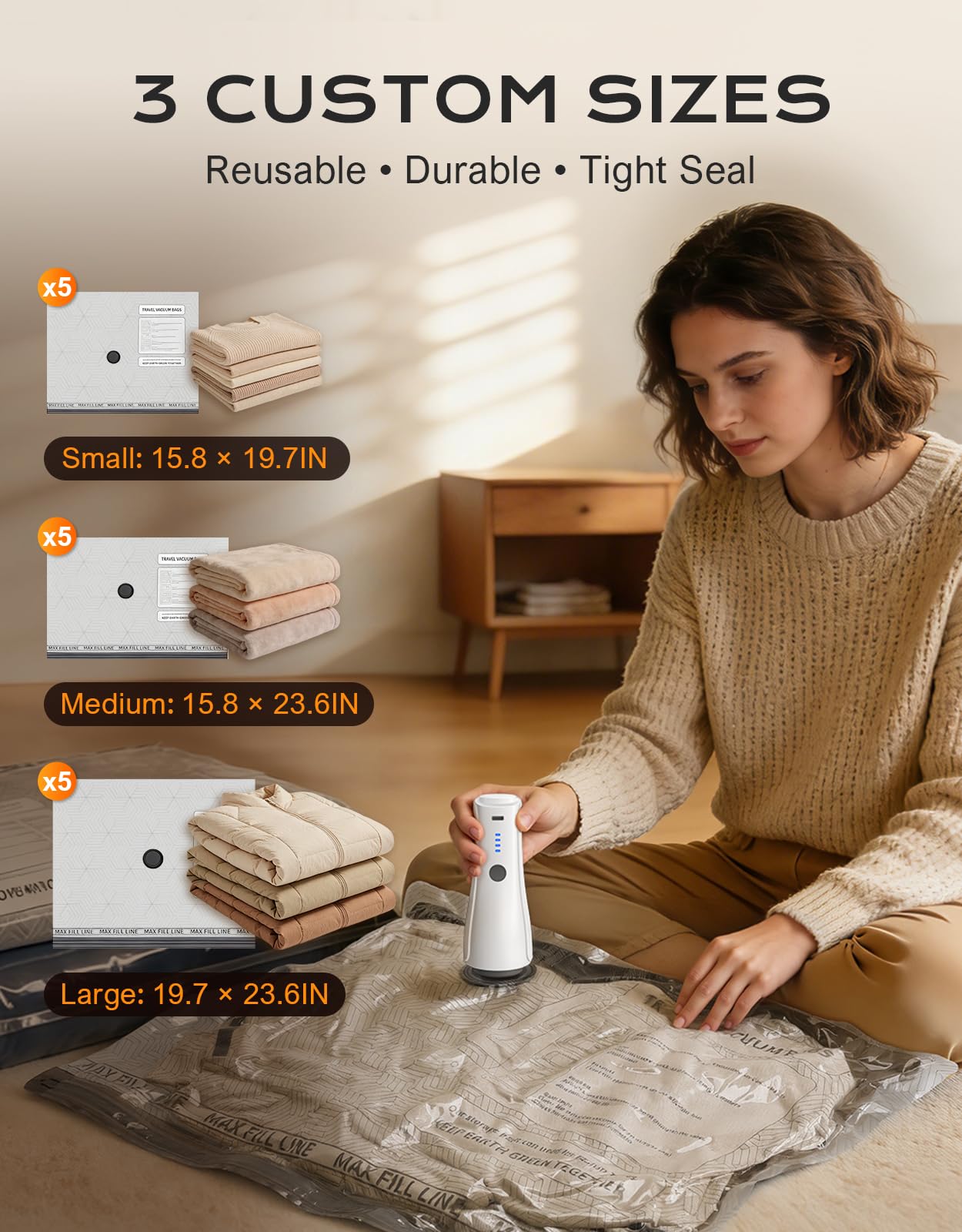 RIWUSI 15 Pack Portable Vacuum Storage Bags for Travel with Rechargeable Electric Pump, Carry-on Size Compression Packing Bags for Clothing, Blankets, Space Saver for Luggage and Suitcase