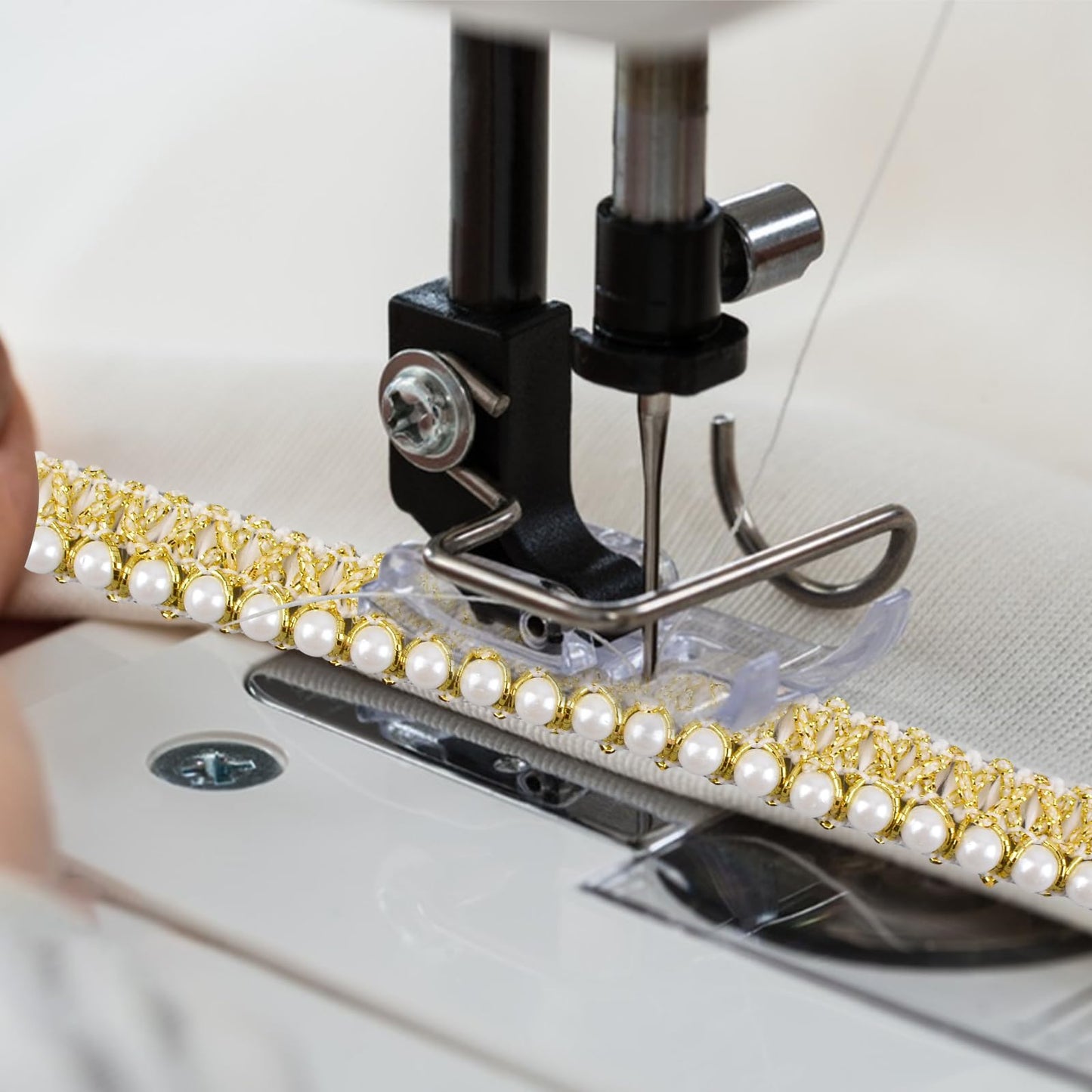 URROMA White Gold Pearl Trim - 10 Yards Beaded Lace Trimming Embroidery Embellishment Ribbon for Sewing Fabric, Garment Accessories, Dress Bag Decoration, Crafts DIY