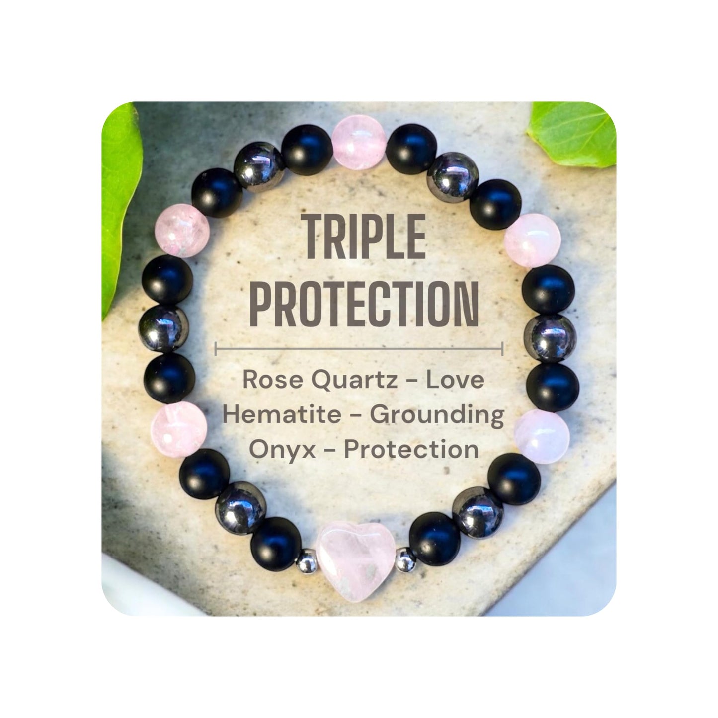 TUBIANCA Rose Quartz Bracelet – Heart Crystal with Hematite & Onyx for Love, Healing & Emotional Balance – Handmade Stretch Bracelet for Women & Men – Spiritual Gift for Inner Peace