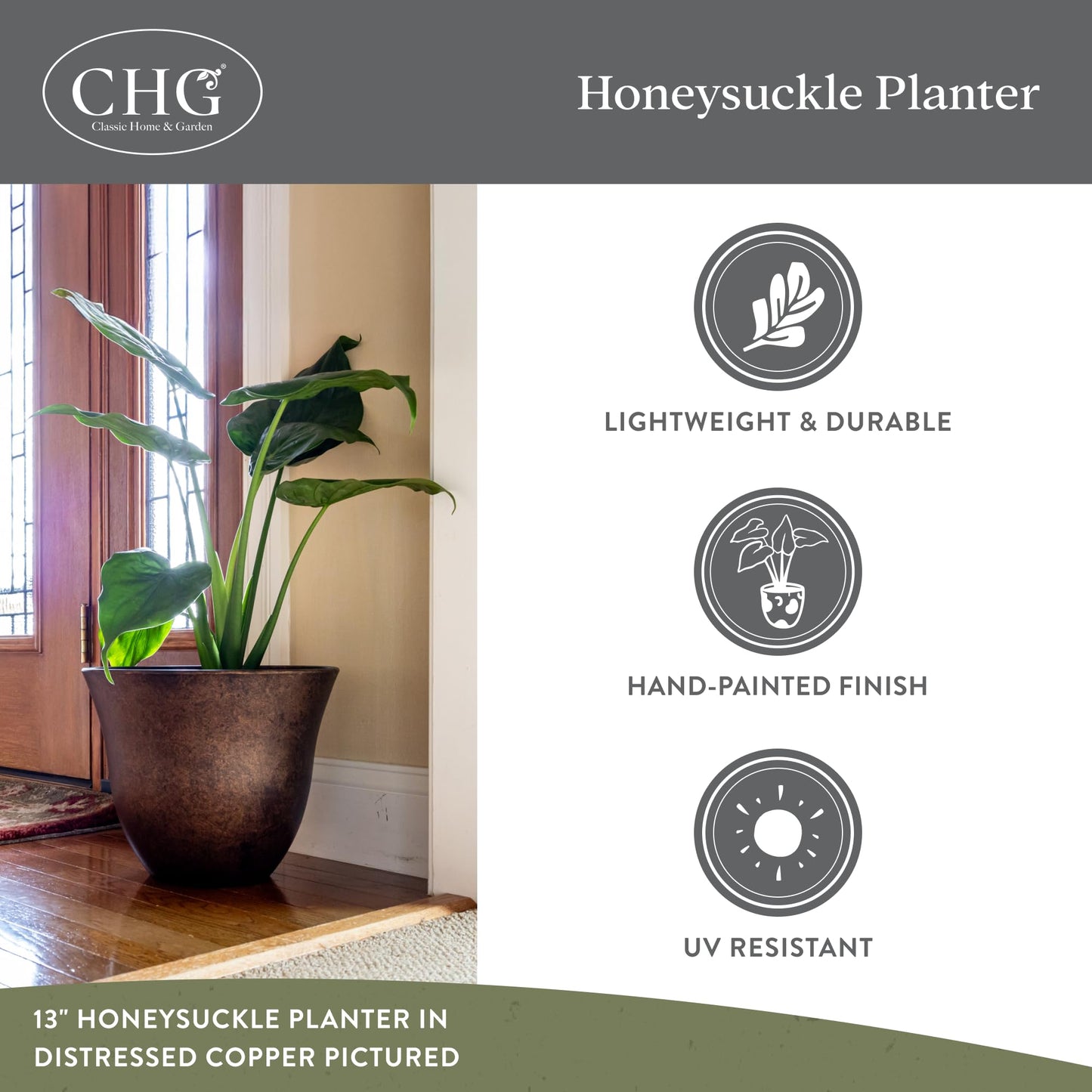 Classic Home and Garden by Growscape Honeysuckle Resin Planters - Lightweight Indoor & Outdoor Plant Pots - UV-Resistant Plastic Flower Pots - Pot Planters for Flowers & Herbs (15" Stone)