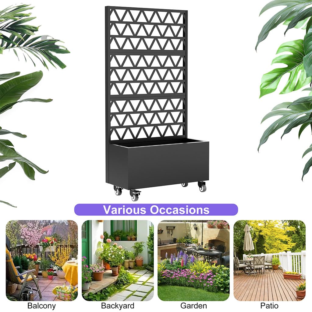 Metal Planter Box with Trellis and Wheels, 72" Raised Garden Bed with Drainage Holes, Privacy Screen, Lockable Casters, Galvanized Carbon Steel Planter for Climbing Plants, Vines, Vegetables, Flowers