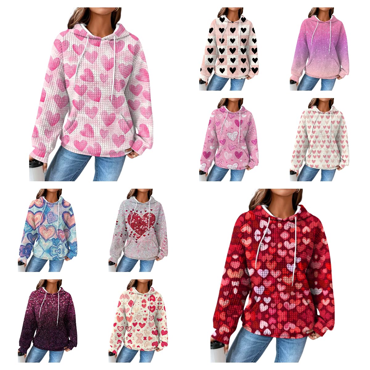 domirica Valentines Day Hoodies For Women Heart Print Pullover Oversized Waffle Long Sleeve Cute Graphic Hooded Sweatshirts Comfy 2025 Spring Fashion Trendy Casual Blouses Wiht Pockets,S