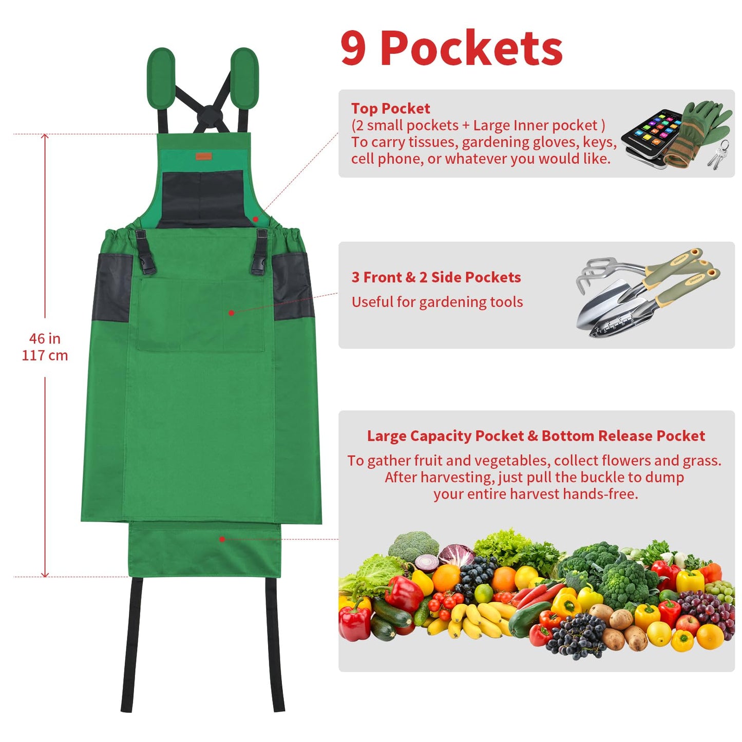 iHansee Green Gardening Apron with Pockets, Garden Apron with Protective Gloves for Women&Men, Harvest & Foraging Aprons w/Quick Release Pocket for Gardeners, One Size Fits Most, Gardening Gifts
