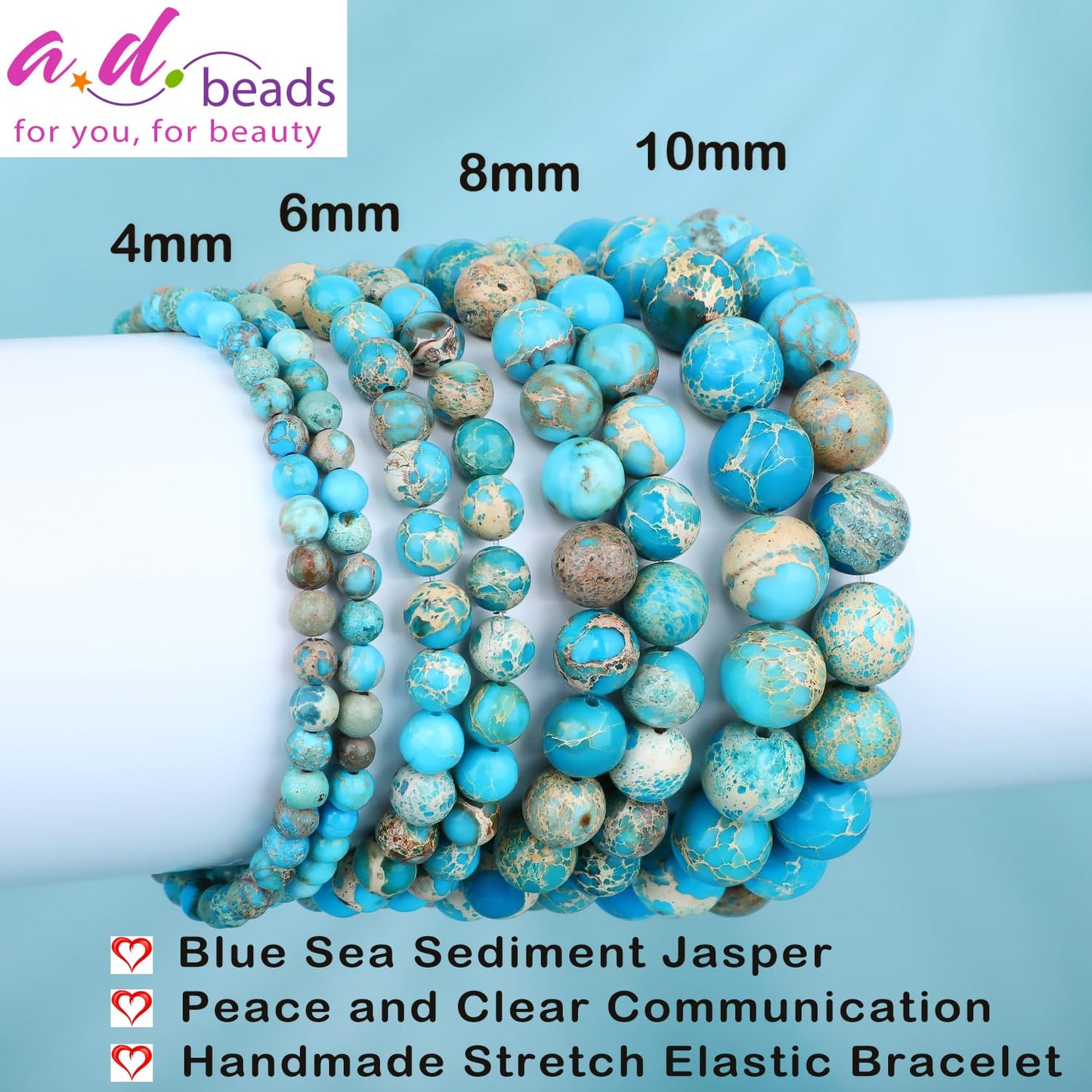 AD Beads 6mm Handmade Blue Sea Sediment Imperial Jasper Elastic Bracelet – Natural Gemstone for Joy & Positivity – Meditation, Yoga, Healing and Energy Gift for Men Women