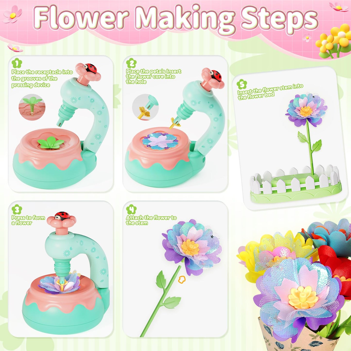 Euclidean Cube Flower Bouquet Making Kit, DIY Flower Bouquets Craft Toys for Kids, Arts & Crafts Educational Activity Set for Girls Toddler, Birthday Gift for 4 5 6 7 8+ Year Old Girls and Boys