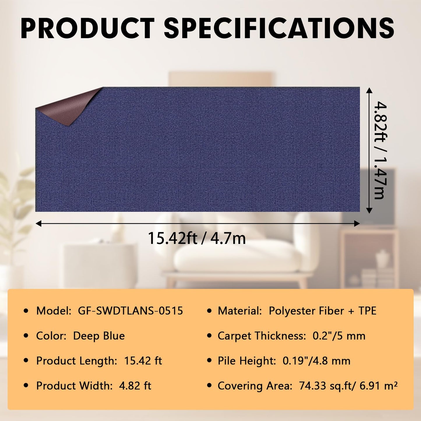 Grefinity Marine Carpet,5 FT x 15 FT Deep Blue Indoor Outdoor Carpet 0.2" Thick Boat Carpet with Water-Proof TPE Backing, Non-Slide Outdoor Marine Carpet Roll for Home, Patio, Porch, Deck