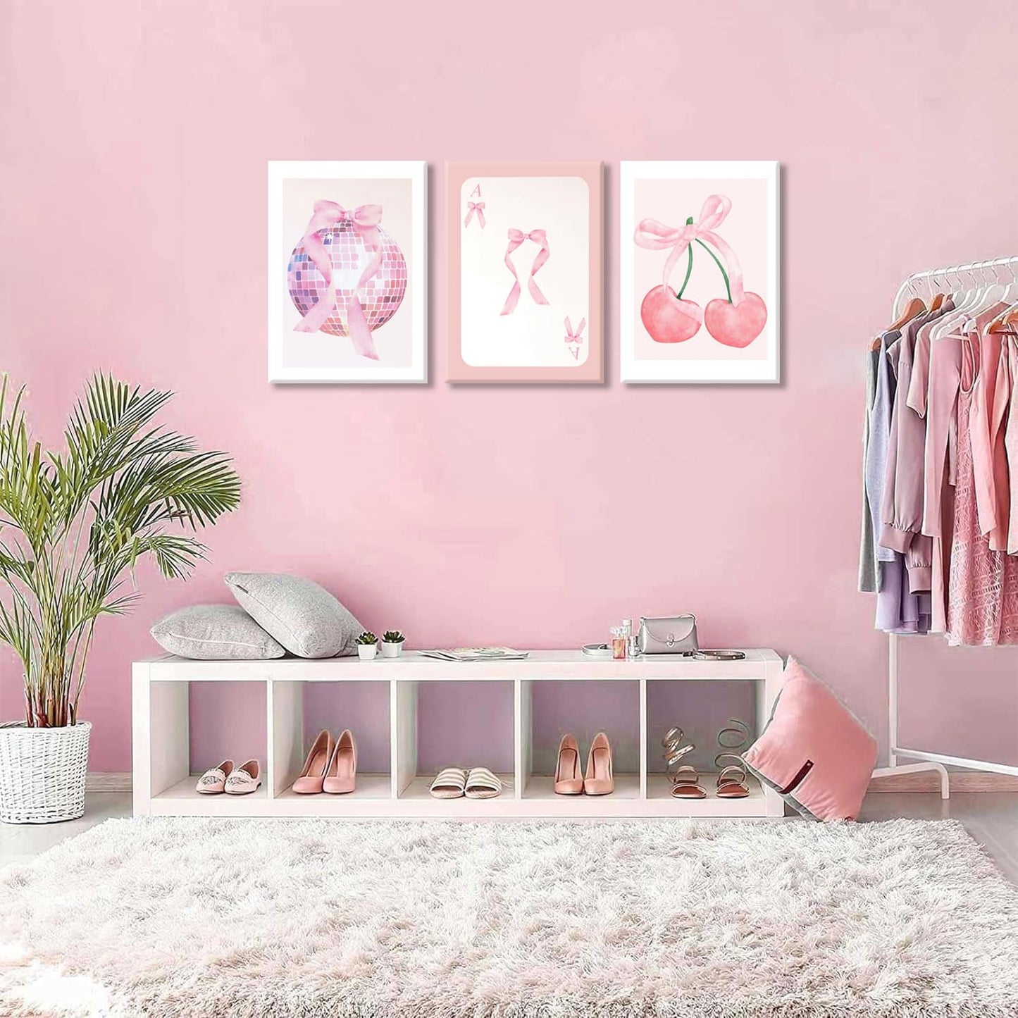 MTFBWY Pink Coquette Wall Art Canvas Prints Set of 3, Pink Bow Disco Ball & Cherry Aesthetic Room Decor, Complete Set Preppy Posters for Girls Bedroom Dorm Gift, Ready to Hang 12x16in