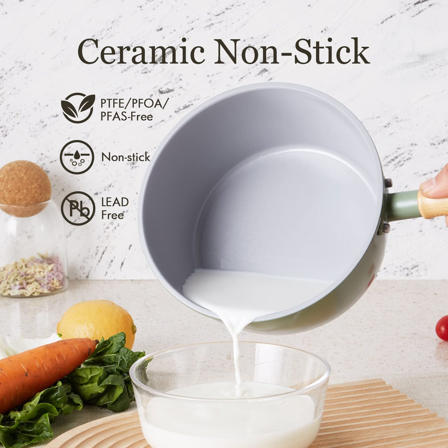 ROCKURWOK Ceramic Nonstick Sauce Pan with Lid, 2 Quart Cooking Pot, Small Saucepan with Steamer, PTFE& PFAS-Free, Wooden Handle for Cool Touch, Universal Base(Gas, Electric & Induction), Green