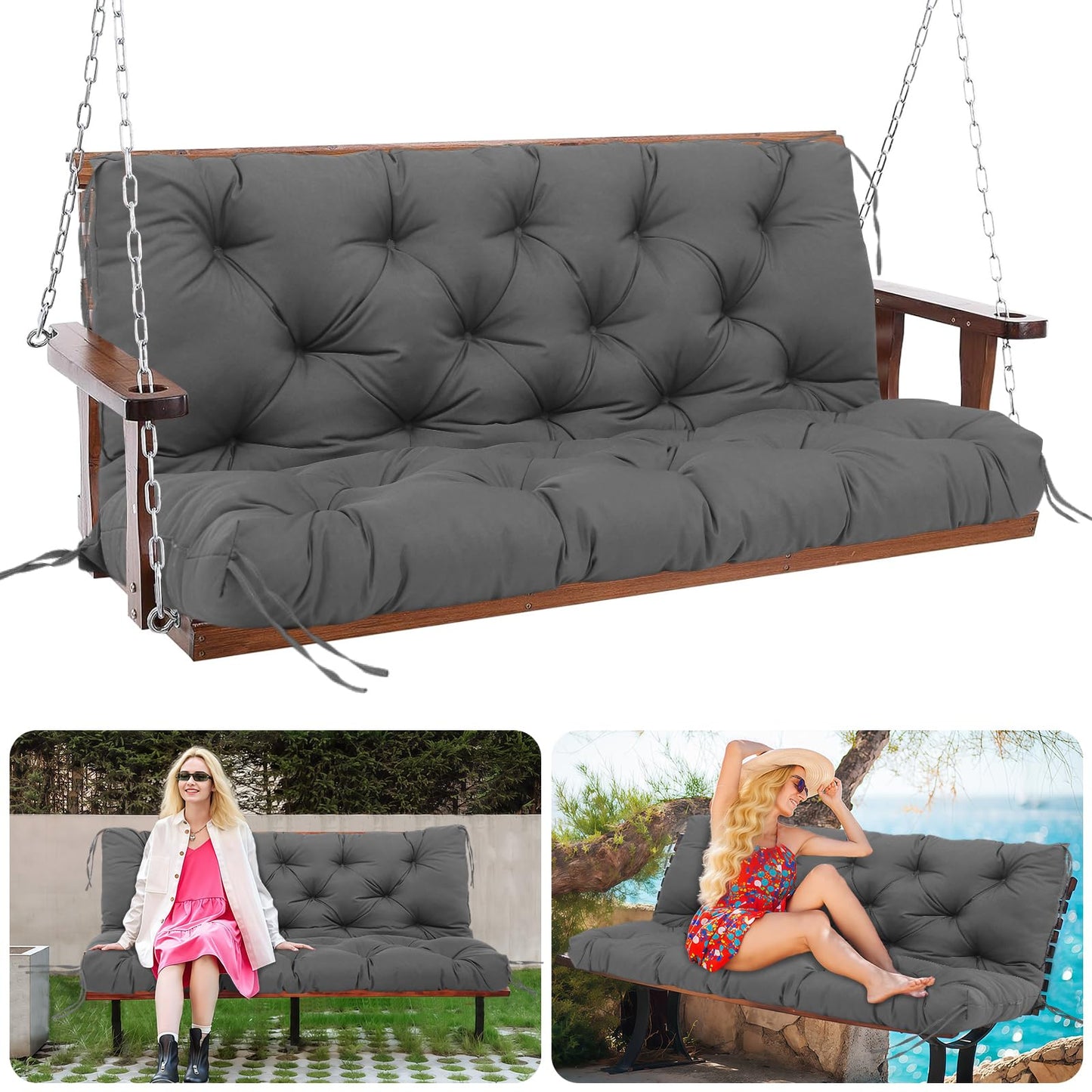 Mokoey Patio Swing Cushions for Outdoor Furniture Thick 5in Porch Swing Cushions Waterproof 3 Seater 60 inch Outdoor Swing Cushions with Back (Dark Gray-60x40 inch)