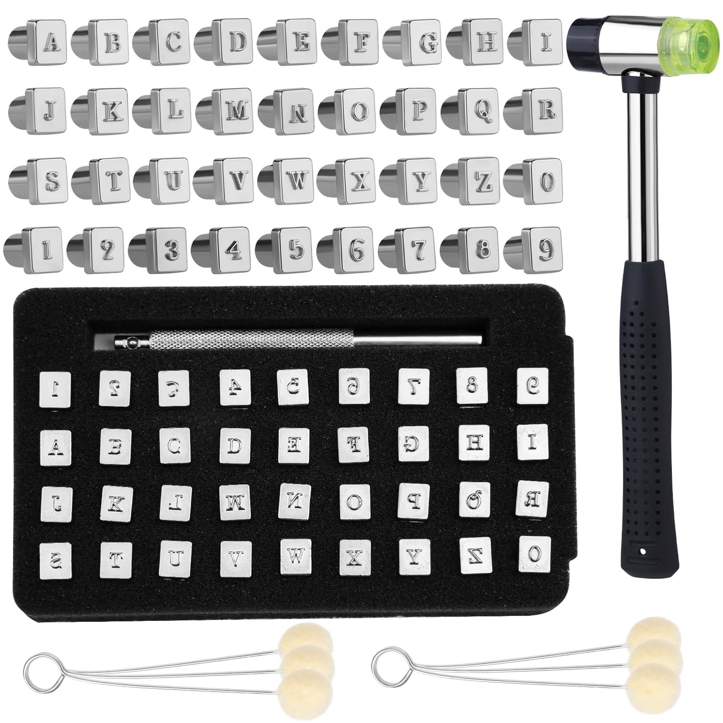 Wonvoc 44 Pcs Leather Stamping Tools, 36 Pcs Leather Letter Stamps, Leather Stamping Kit, with Wool Dauber Stamping Tools, Leather Hammer, for DIY Leathercrafts