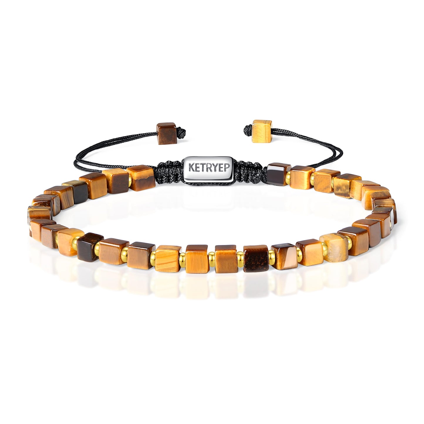 ketryep Mens Beaded Bracelets 4mm Square Natural Stone Bracelets for Men Black Onyx Matte Agate Tiger Eyes Lava Rock Hematite Bracelets for Men Christmas Birthday Gifts for Him (Tiger’s eye, 4MM)