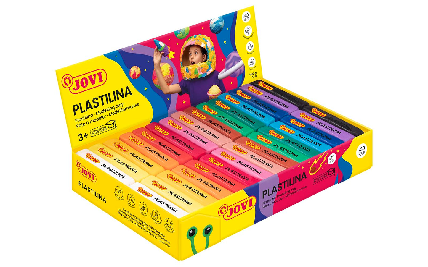 Jovi - Plastilina Reusable and Non-Hardening Modeling Clay, Set of 30 1.75 Oz. Plasticine Bars, 2 Each of 15 Colors, Non-Toxic and Gluten-Free, for Arts and Crafts Projects