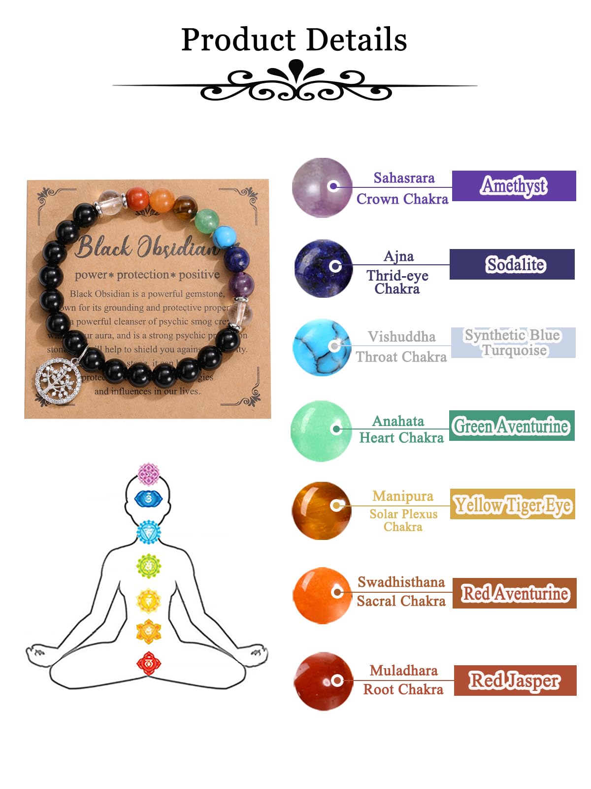 MANIFO Black Obsidian Chakra Crystals Bracelet for Women Healing Crystal Bracelet Natural Gemstone Beaded Bracelets with Life Tree Charm Jewellery Valentines Christmas Gifts