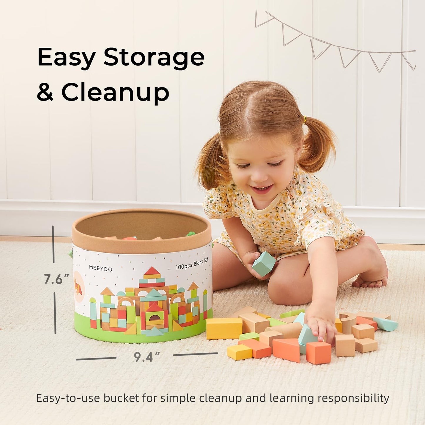 MEEYOO 100pcs Wooden Blocks for Toddlers 1-3, Building Blocks for Toddlers 1-3, Wooden Block for Baby Shower with Storage Bucket, Montessori Toys for Preschool Girls and Boys