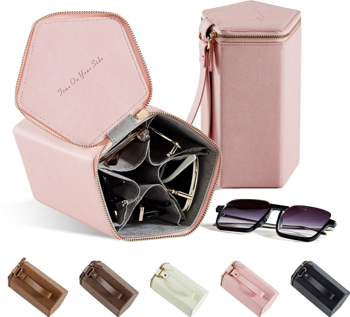 cloudever Sunglasses Travel Case Organizer with Zipper, 2024 New Trends 5 Slots for Men and Women, Eyeglasses Travel Case Storage Holder Organizer(Pink)