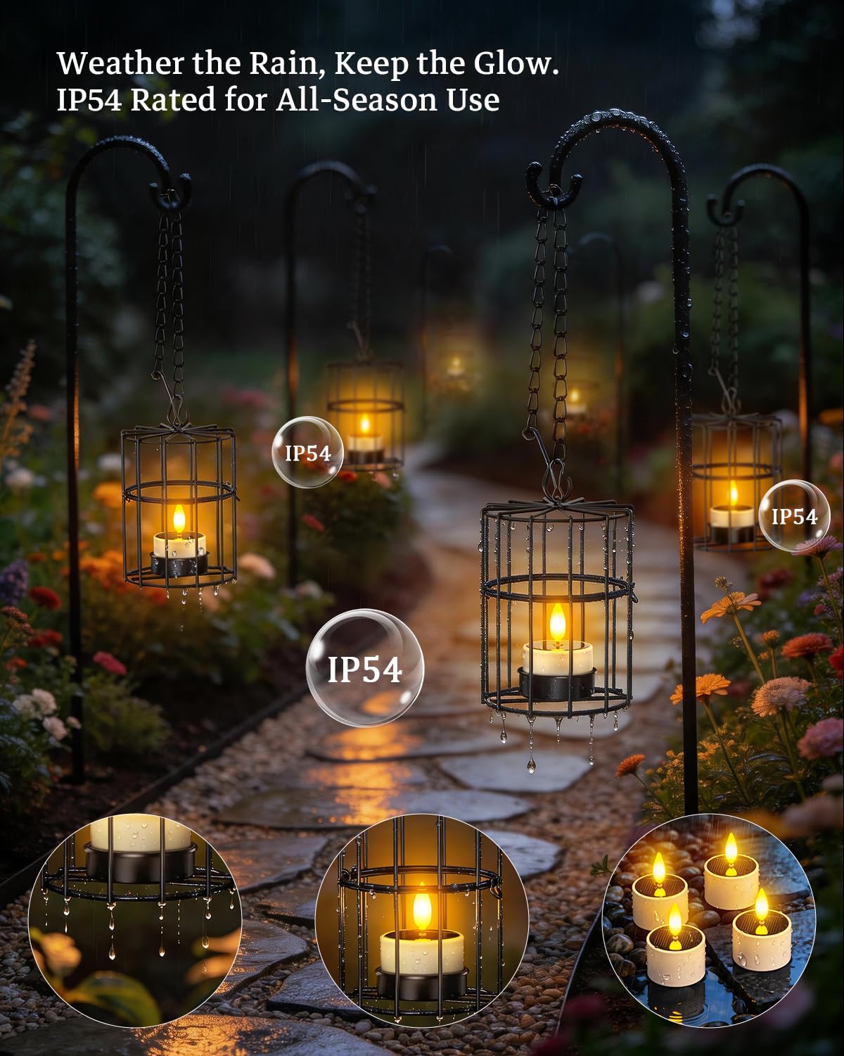 Yme Solar Hanging Lanterns Outdoor Waterproof, 2 Large 2 Small Hanging Candle Holders - 4PCS Flickering Flameless LED Solar Tea Lights, Outdoor Decor for Patio Garden Backyard Tree Fence Pergola