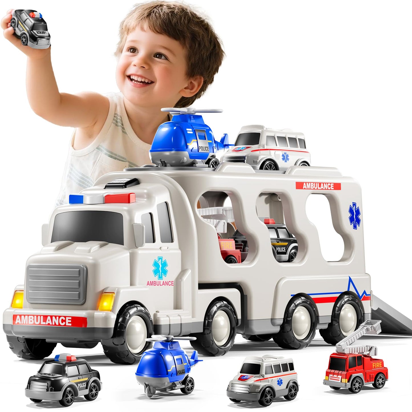 KIZONLY Ambulance Truck Toys Set for Kids Toddlers 1-3 3-5 Years Old, Carrier Truck Playset with Toy Cars, Light and Sound, City Learning Toys for Toddlers, Birthday Gifts for Boys Girls Aged 2-4 4-8