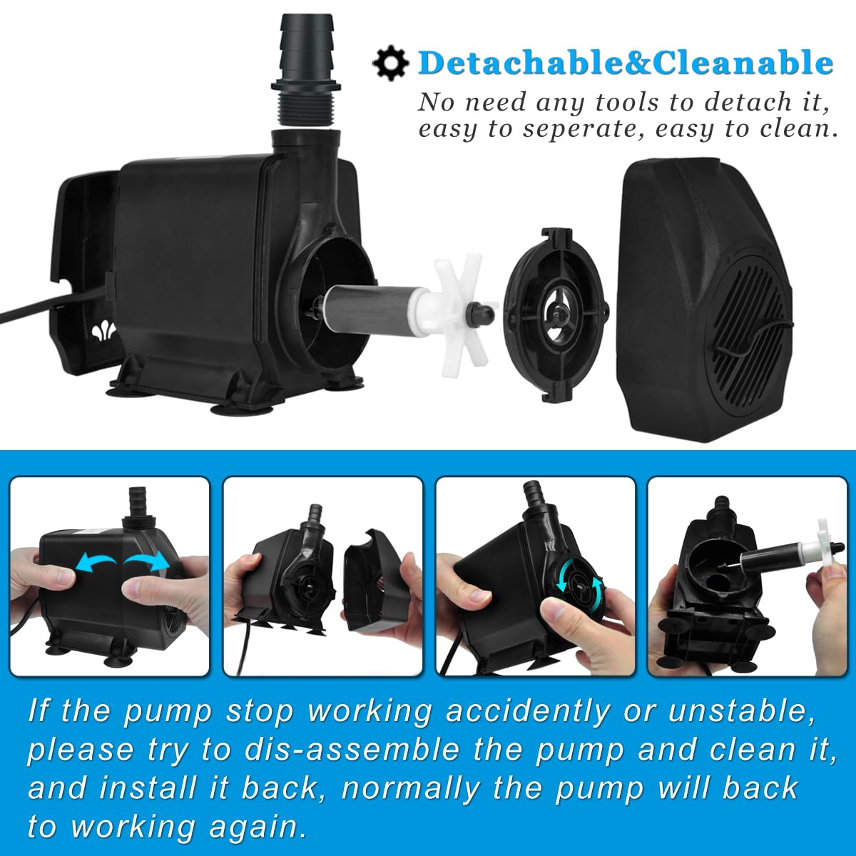PULACO Large Flow: 800GPH（3000L/H）Submersible Pump with 6.5 ft Tubing, 45Watt Durable Fountain Water Pump With 4 Nozzles For Above 80 gallons Fish Tank or Pond