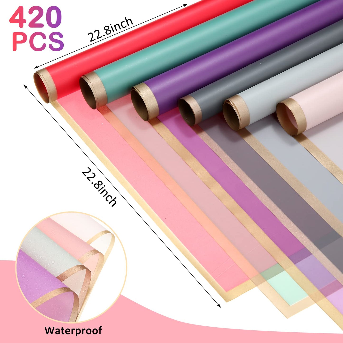 Yahenda 420 Sheets Flower Wrapping Papers:23"x23" Flower Bouquet Paper with Gold Edge Korean Style Bouquet Wrapping for Wedding Bridal Shower Anniversary Floral Supplies(Elegant Colors)