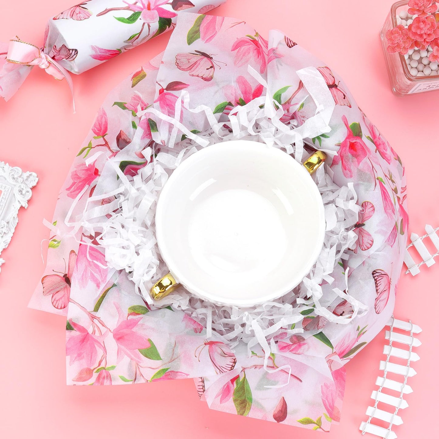 100 Sheets Watercolor Magnolia Butterfly Tissue Paper, 20 x 14in Magnolia Blossom Printed Art Craft Tissue Paper for Mother's Day Wedding Birthday Bridal Shower Party Supplies
