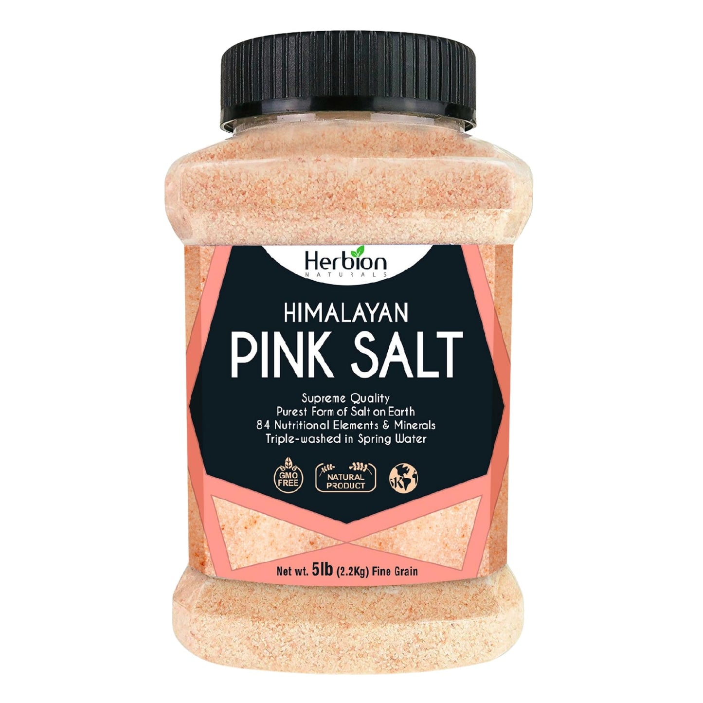 HERBION Naturals Himalayan Pink Salt Jar Fine Grain, GMO Free, Supreme Quality Chemical Free, Vegan, Kosher Certified, Fine Grain All Natural Salt, Triple Washed in Spring Water, 5 lbs