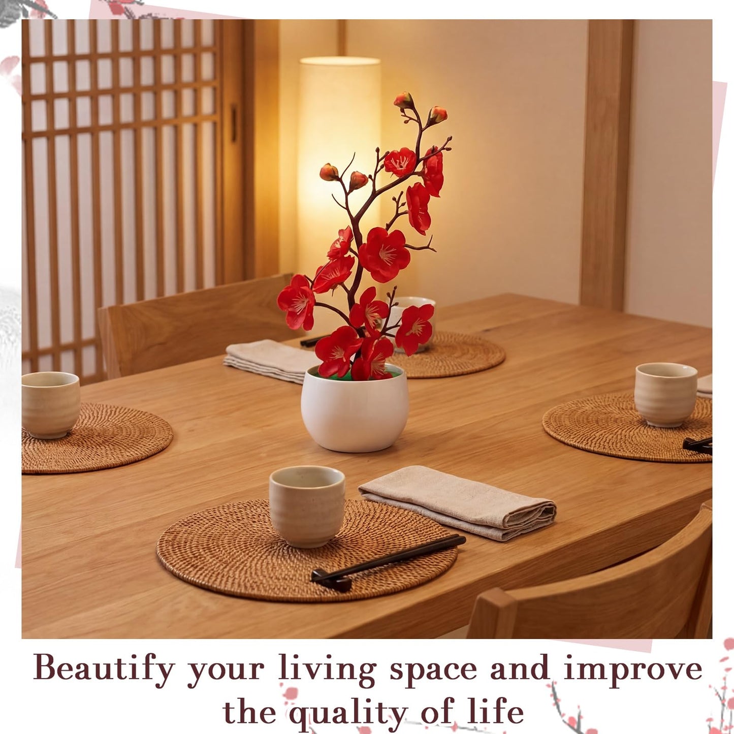 Suncalla 4 Pack Artificial Plum Blossom Bonsai, Fake Plum Blossom Silk Flower Arrangement with Flower Pot, Cherry Blossoms Decor for Hibachi Party Chinese Japanese Asian Theme Party Supplies(Upright)