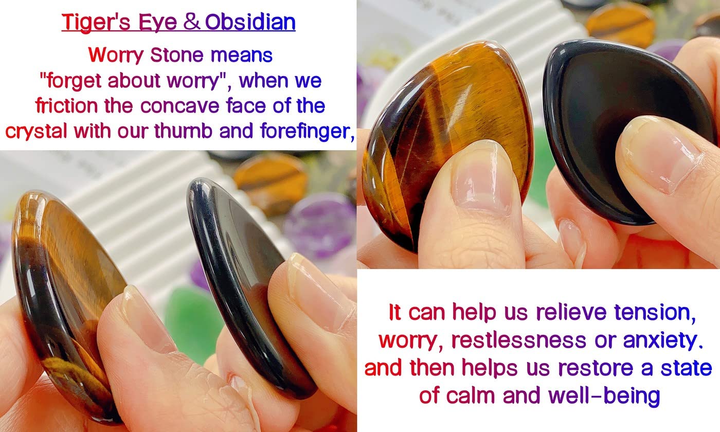 QINJIEJIE 2PCS Worry Stone for Anxiety Tiger's Eye Obsidian Healing Crystals Sets Hand Carved Thumb Stones Pocket Gemstones Meditation Crystal Reiki Relax Palm Stone Anxiety Relief Items