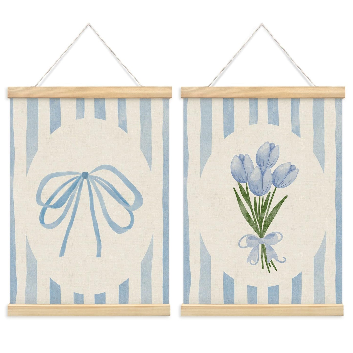 ETYZE Coquette Blue Bow Tulip Floral Wall Art Poster Hanger Frame, Spring Coquette Wall Decor, Preppy Girly Room Decor, Preppy Canvas Wall Art for Girls Room Dorm Apartment, 12x16 Inch Set of 2