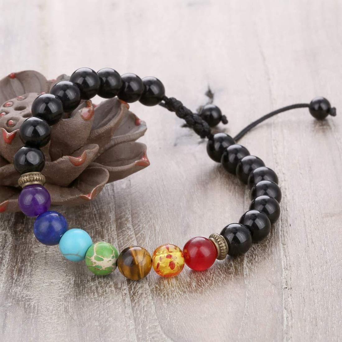 GelConnie 7 Chakra Bracelets 8mm Black Agate Chakra Stone Healing Crystal Bracelet Braided Rope Yoga Bead Bracelets Meditation Relief Anxiety Bangle Relax Energy Balance Gift for Women, Men