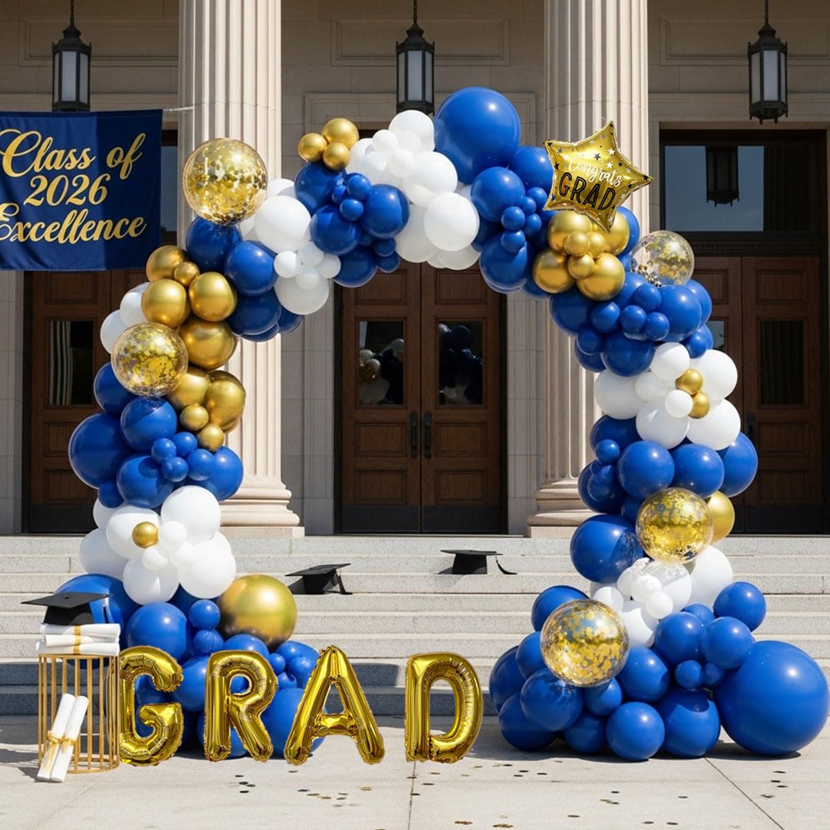 Graduation Balloon Arch Kit - 128Pcs Blue White and Gold Balloon Garland with 16" GRAD Letters, Star Foil and Confetti Balloons for Class of 2026 Grad Prom College Party Decorations