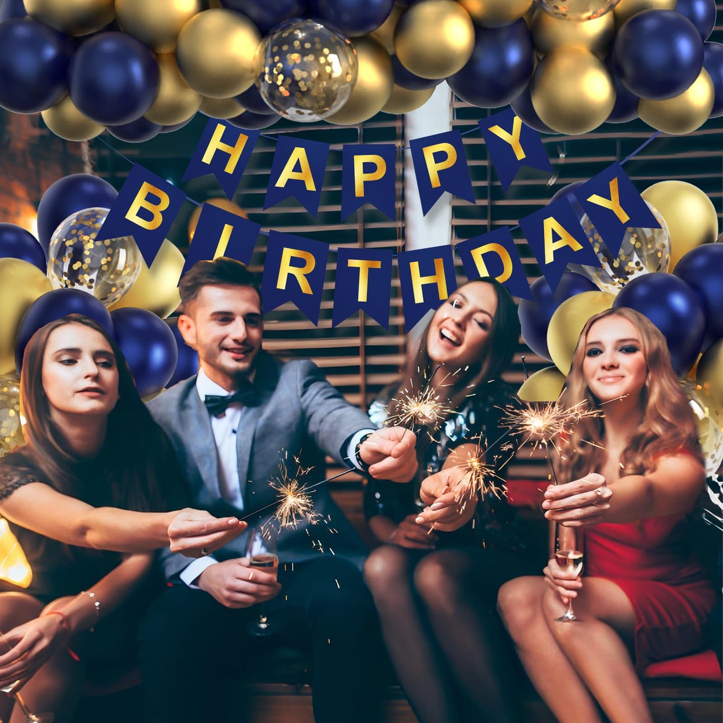 Navy Blue Birthday Party Decorations for Men Decor 100pcs Gold and Navy Blue Balloons Garland Arch Kit Pre-Strung Happy Birthday Banner Girls 16th 18th 30th 40th 50th 60th 70th 80th 90th for Boys