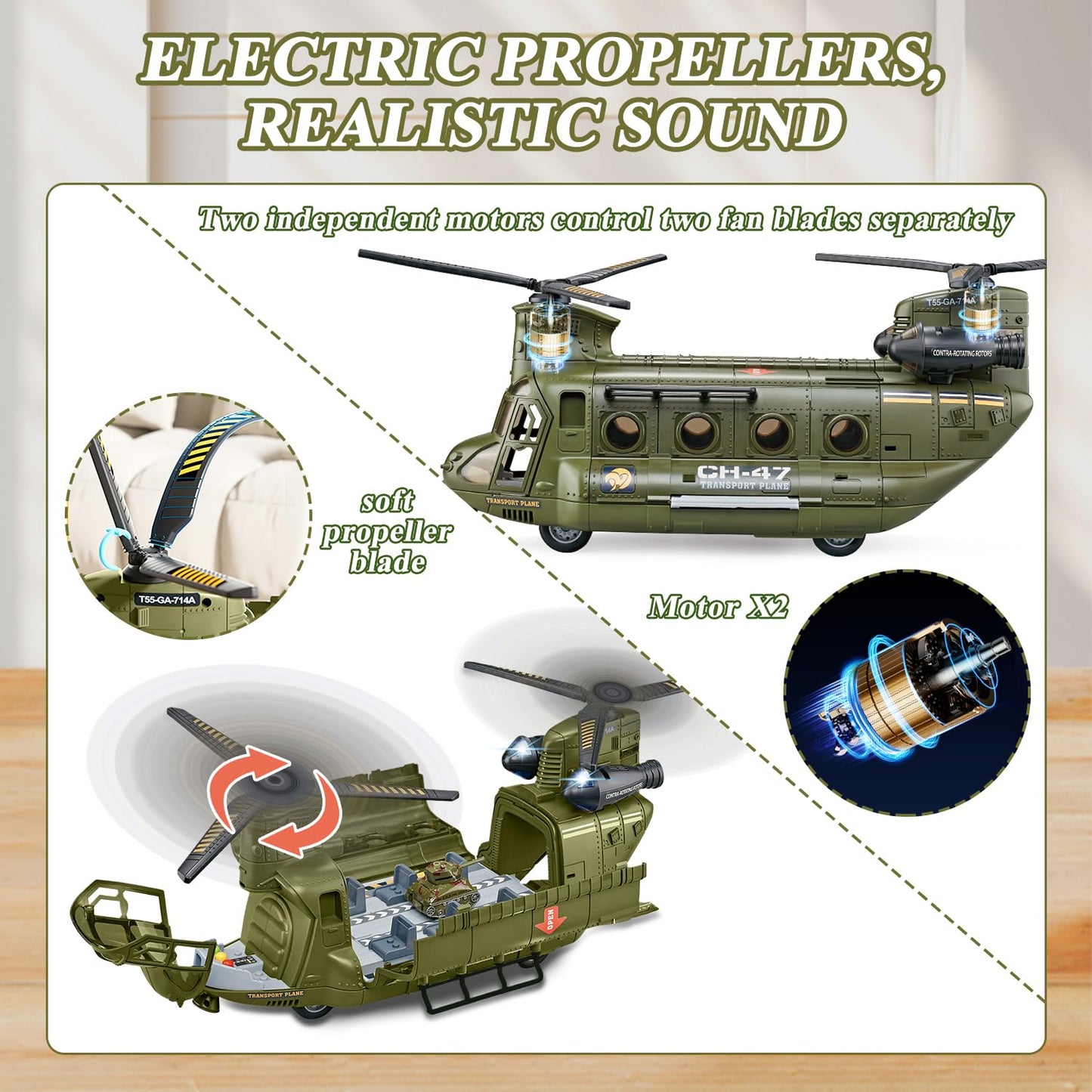 Yiwsnust Military Helicopter Toys Set with Light - Friction Powered Transport Helicopter Toy with Army Tanks, Airplanes, Mini Cars - Army Toys Military Playset Christmas Birthday Party Gifts for Kids