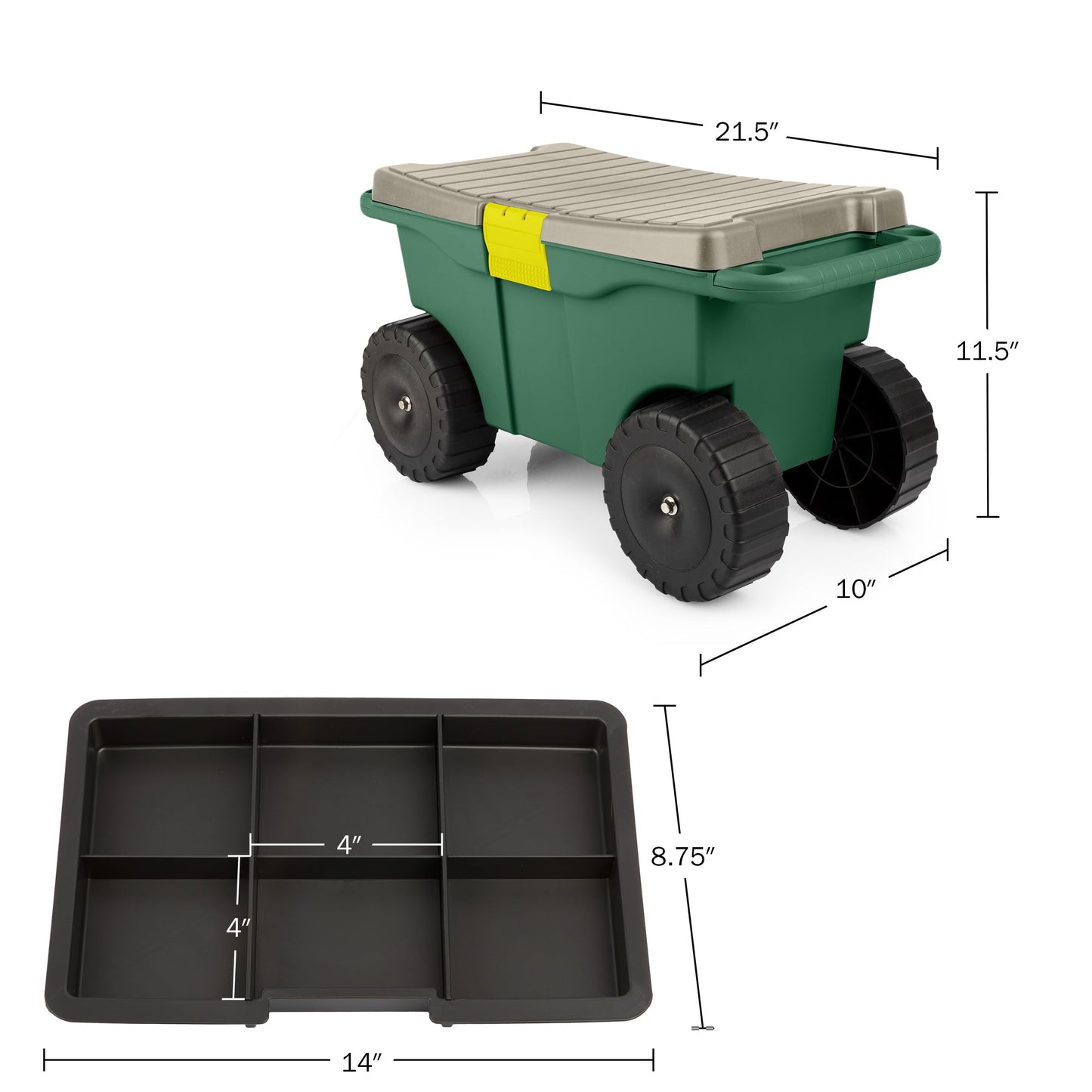 Rolling Garden Cart with Seat - Plastic Storage with Bench and Interior Tool Tray - Gardening Stool for Weeding and Planting By Pure Garden (Green)