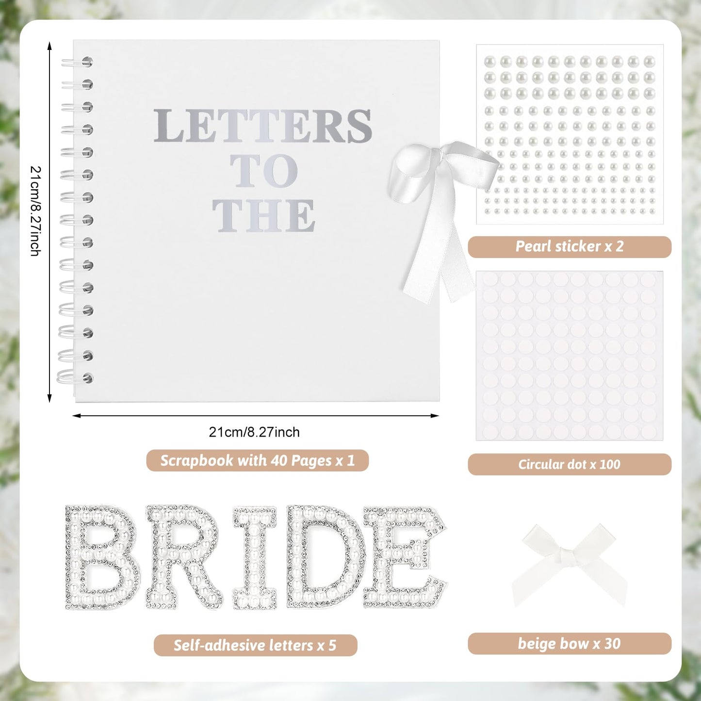 Draupnir 8 x 8 Inch Letters To The Bride Scrapbook Wedding Memory Book with Pearl Lace Wedding Metallic Letters Stickers Bows Pen Bridal DIY Blank Paper Scrapbook Photo Album Guest Book Sign