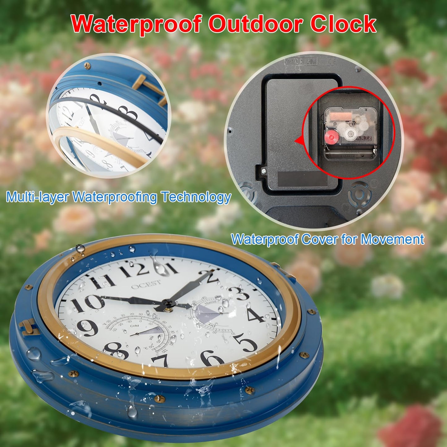 OCEST 16 Inch Indoor Outdoor Clock, Waterproof Wall Clock with Thermometer Hygrometer, Silent Non-Ticking Battery Operated Decor for Home Decor, Patio(Blue)