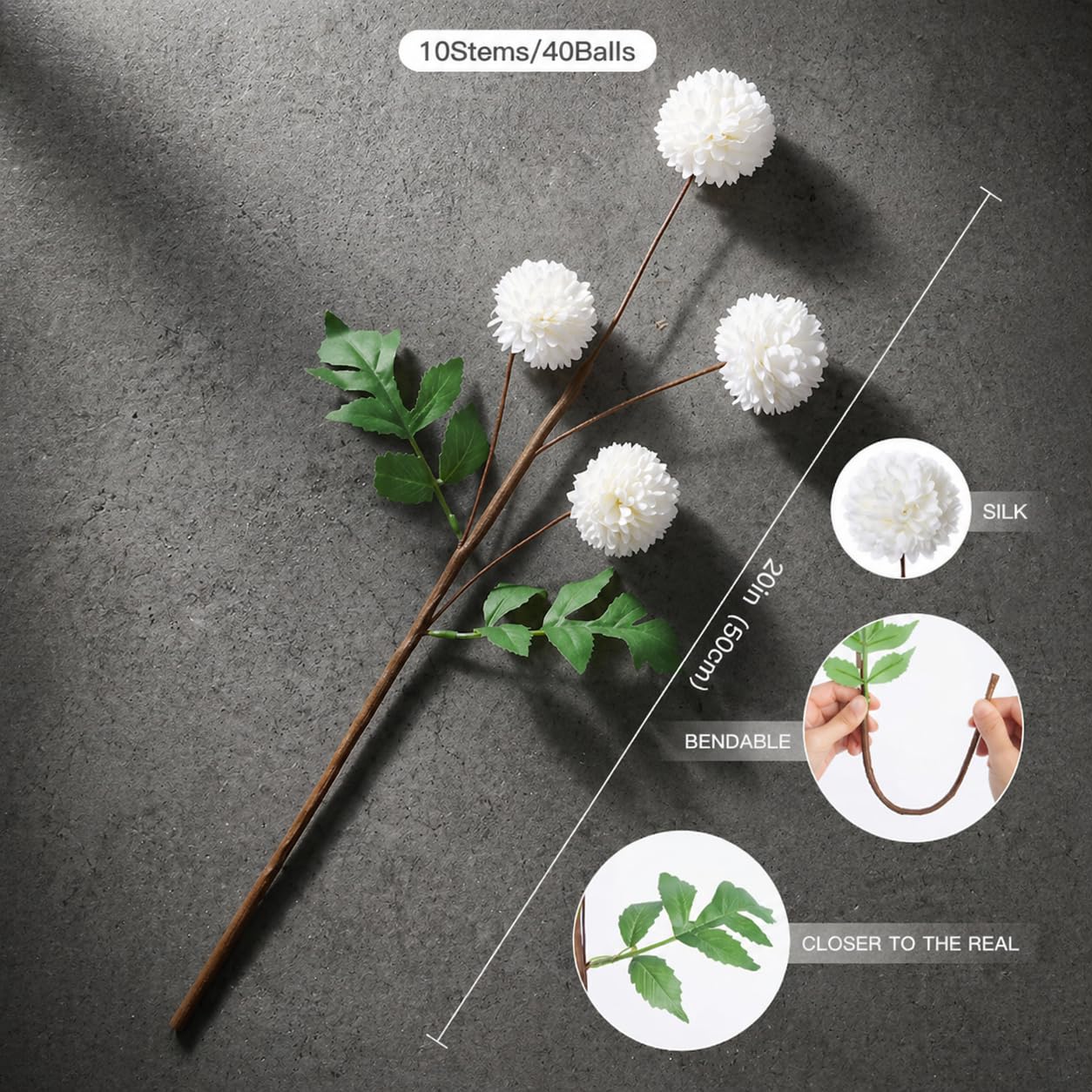 Voqoza 10 Pcs Fake Kiku White Flowers for Vase, Artificial Small Chrysanthemums Balls with Stem Faux Mini Silk Pompon Mums Floral Arrangements DIY Bouquets Wedding Party Table Centerpieces Home Decor.