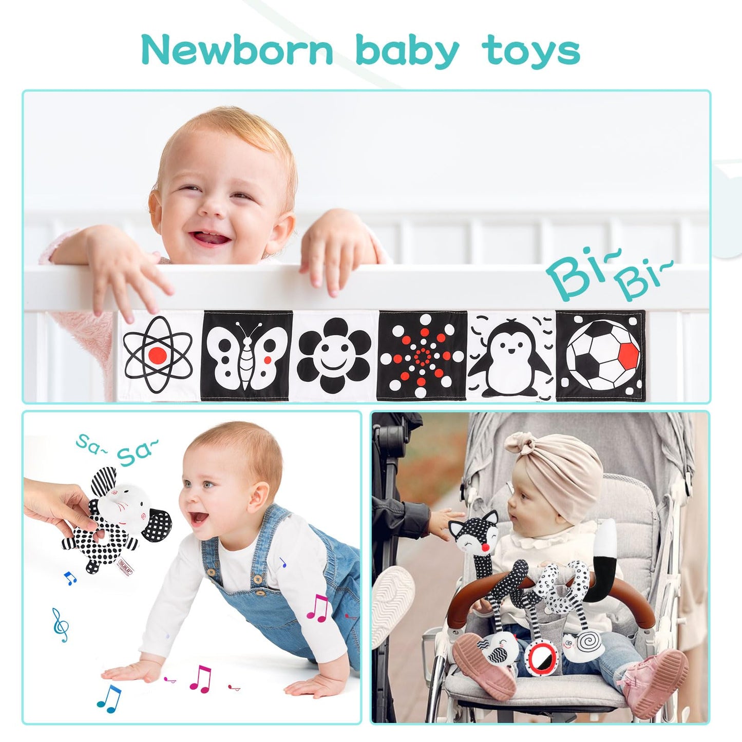 AJsupojouet High Contrast Black and White Baby Toys 3-Piece Newborn Essentials Set with Hanging Toys,Rattle Crib Mobile,baby Book & Car Seat Stroller Toys for 0-3-6-12 Months Infant Development