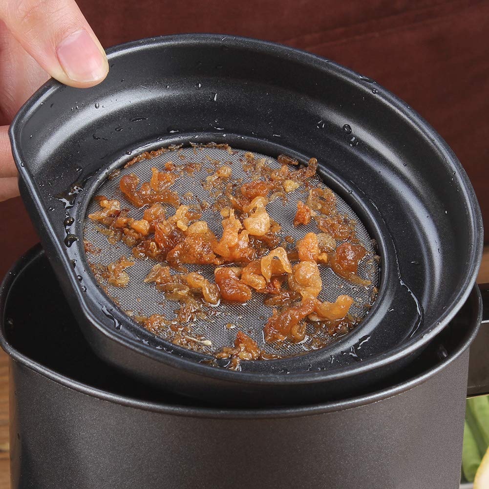 Ourokhome Bacon Grease Container with Strainer- 1.3 L or 5.2 Cup Iron Kitchen Oil Storage Can with Fine Mesh Strainer for Storing Hot Frying Oil, Fat (Black)