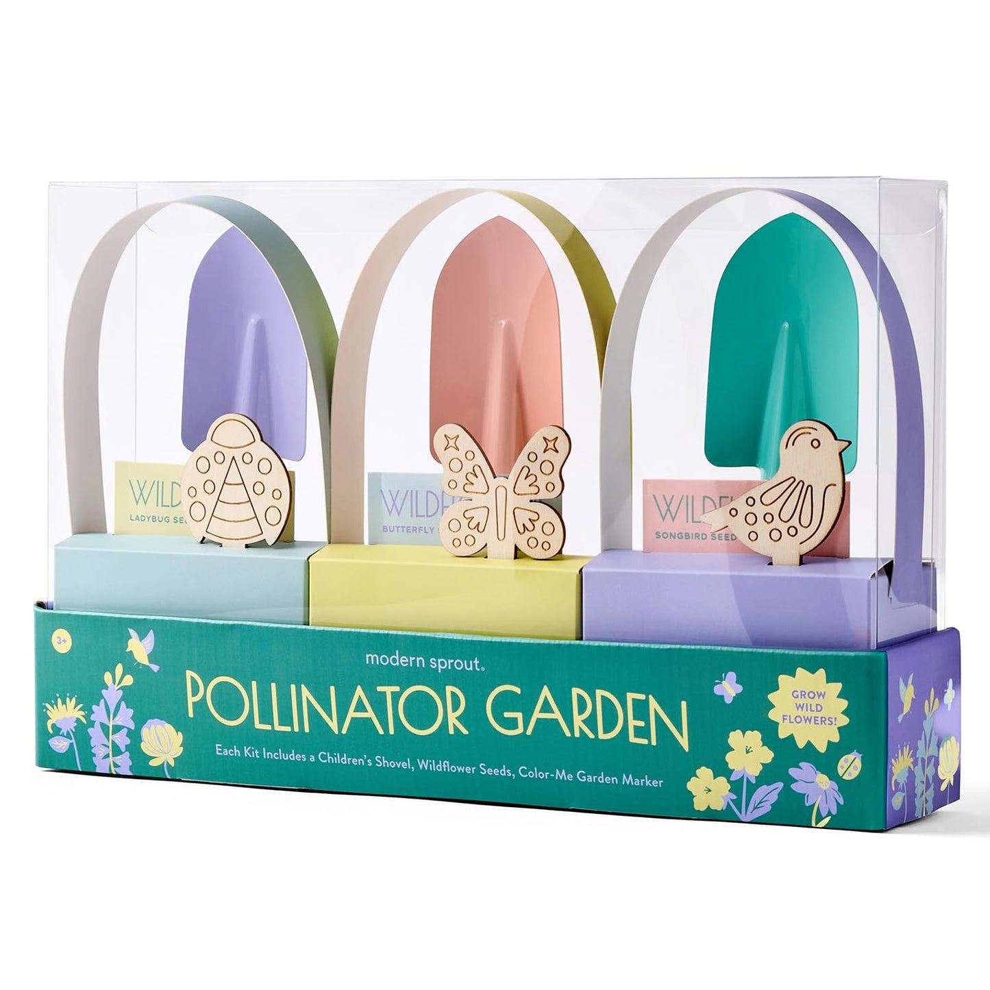 Modern Sprout Pollinator Garden Gift Set - Spring Gifts for Kids - Educational Gardening Tools for Little Gardeners - Eco-Friendly Kids Gardening Set w/Trowel, Wooden Markers & Wildflower Seeds (3-pk)